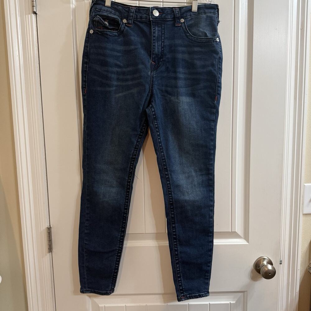 True Religion Halle High Rise Super Skinny Jeans Size 32 Dark Wash Red Stitch